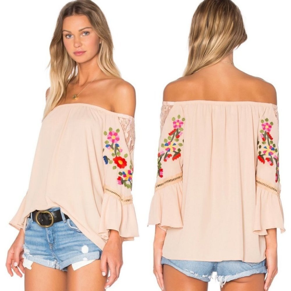 Revolve Vava by Joy Han Kaciee Off Shoulder Top Size Small Embroidered Bohemian